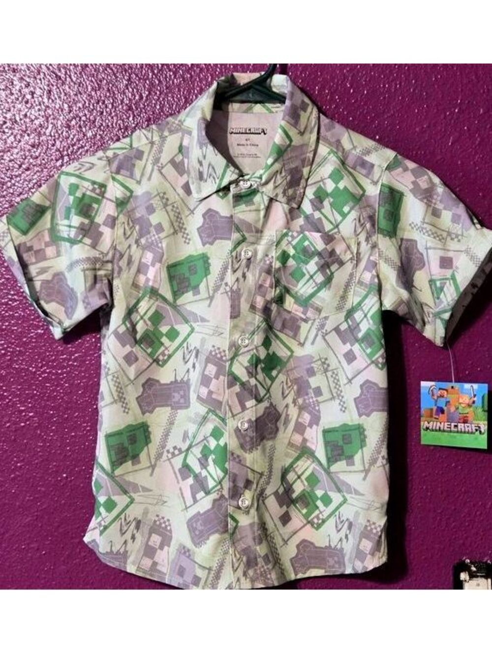 Minecraft Boys Graphic Button Up Resort Shirt with Short Sleeves Size 6/7